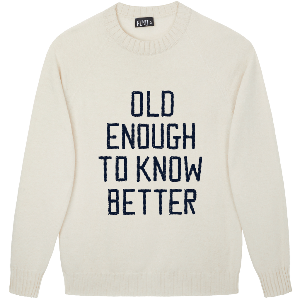 Made-in-England "Old Enough to Know Better" Embroidered Jumper Ivory/Navy Archive Edit in Ivory