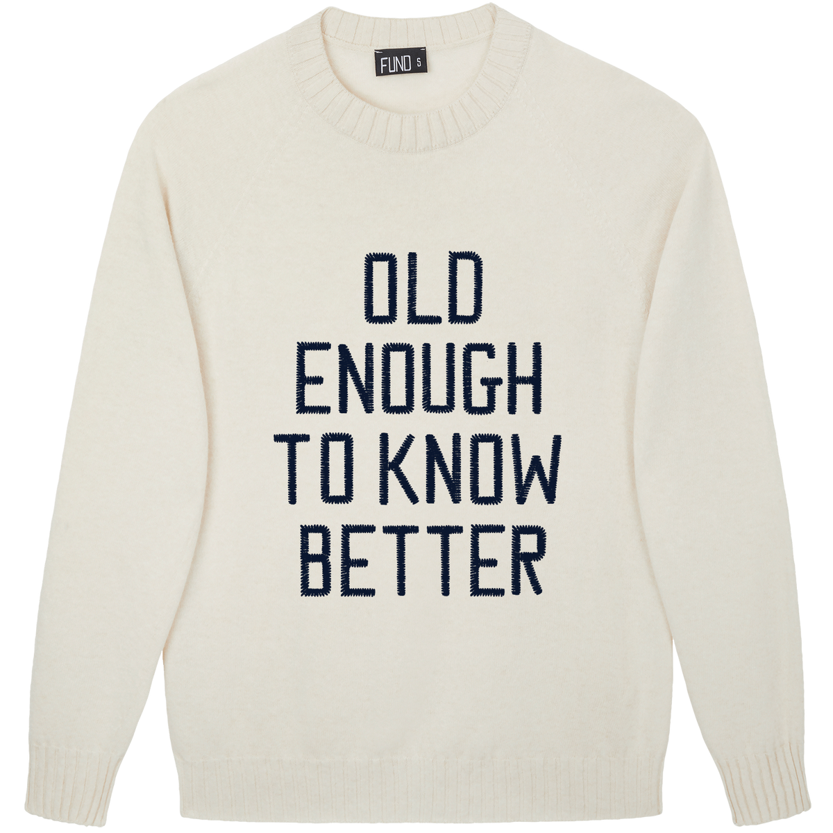 Made-in-England "Old Enough to Know Better" Embroidered Jumper Ivory/Navy Archive Edit in Ivory