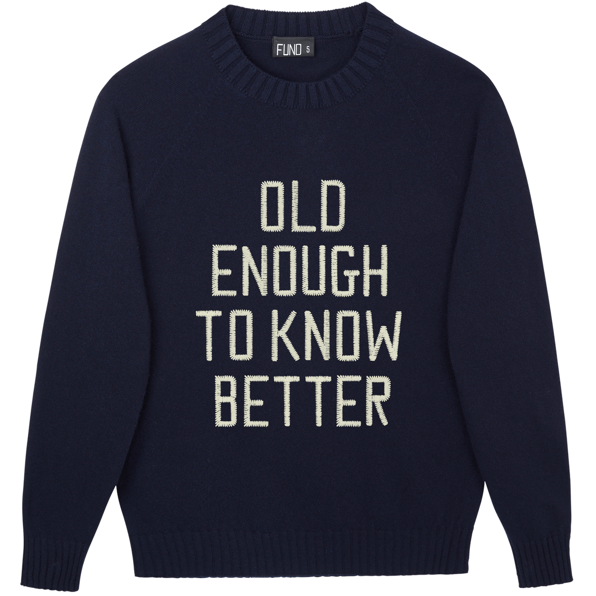 Made-in-England "Old Enough To Know Better" Embroidered Jumper in Navy