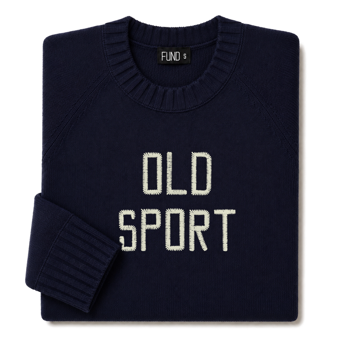 Made-in-England "Old Sport" Embroidered Jumper in Navy, folded