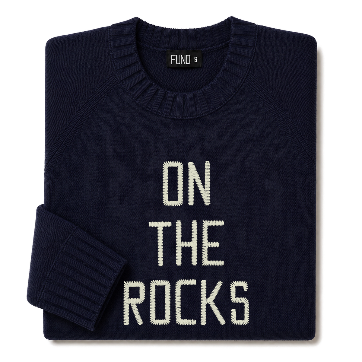Made-in-England "On the Rocks" Embroidered Jumper in Navy, folded