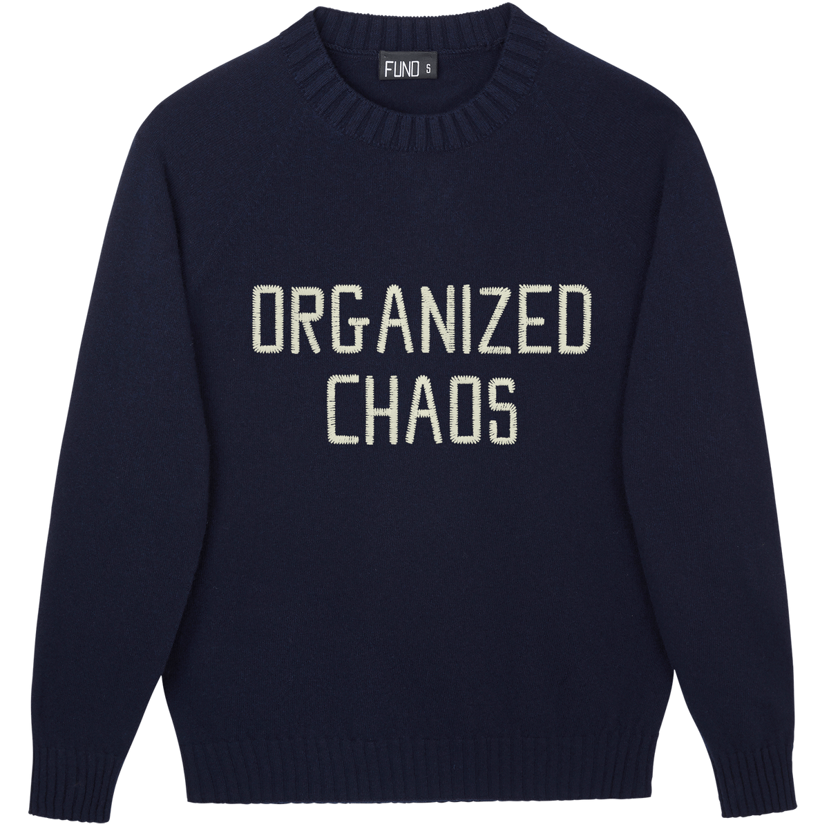 Made-in-England "Organized Chaos" Embroidered Jumper in Navy
