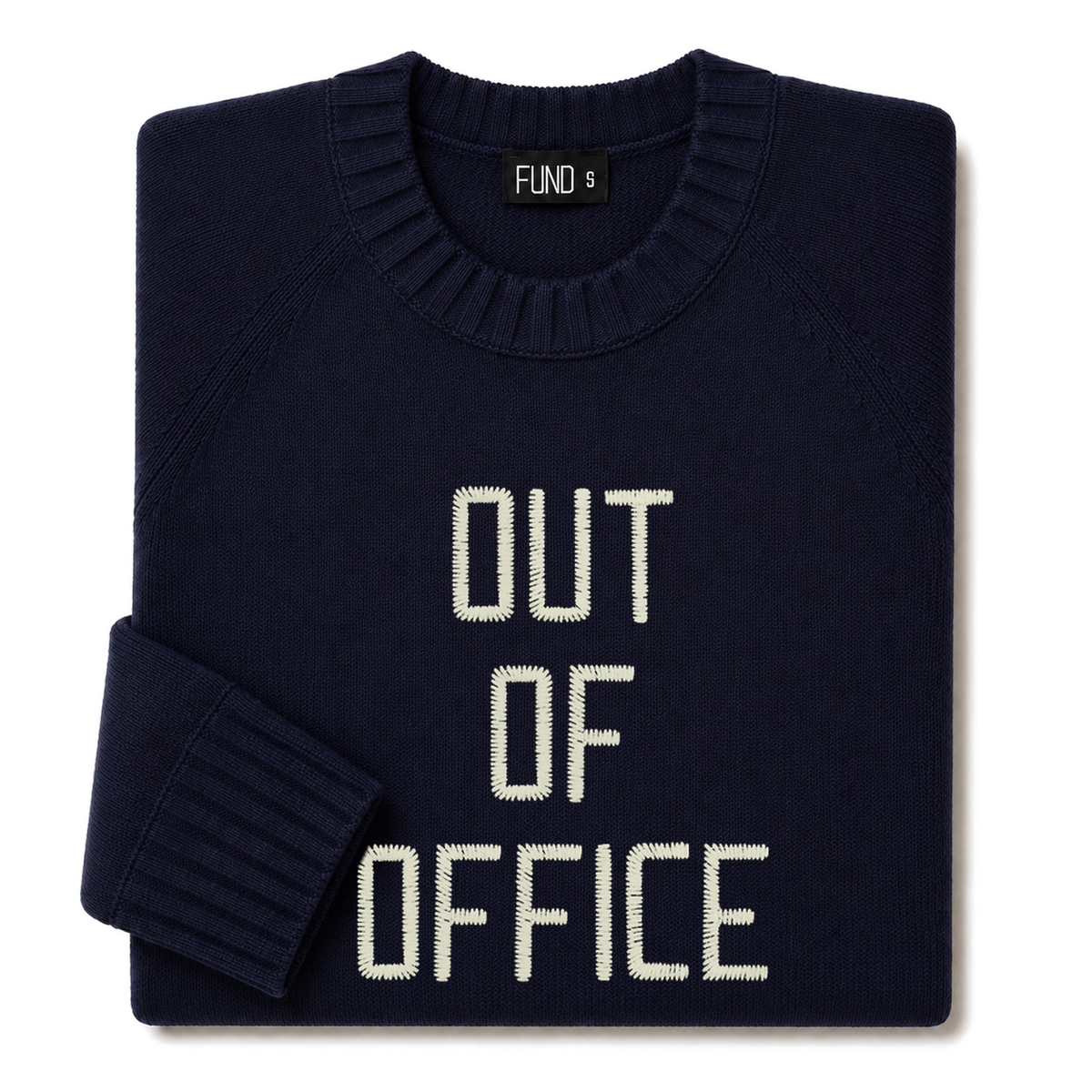 Made-in-England "Out of Office" Embroidered Jumper in Navy, folded