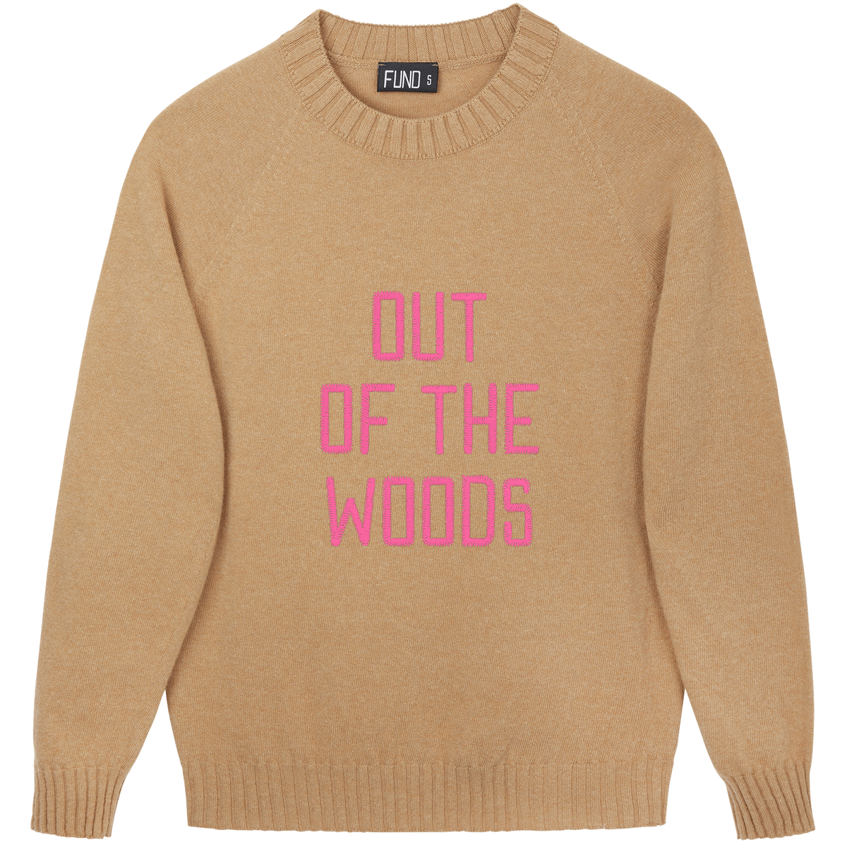 Made-in-England "Out of the Woods" Embroidered Jumper Camel/Bright Pink Archive Edit in Camel