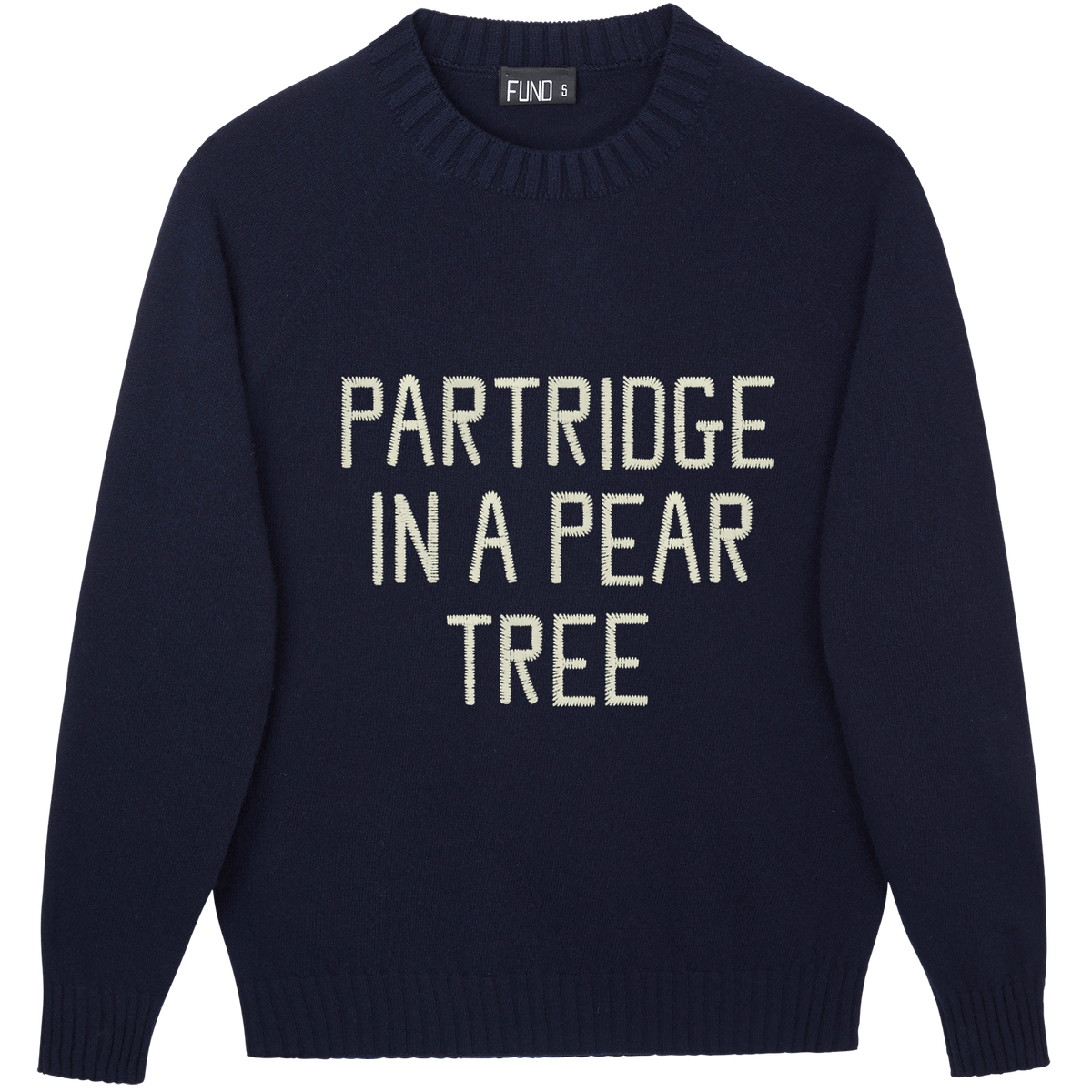 Made-in-England "A Partridge in a pear tree" Embroidered Christmas Jumper in Navy