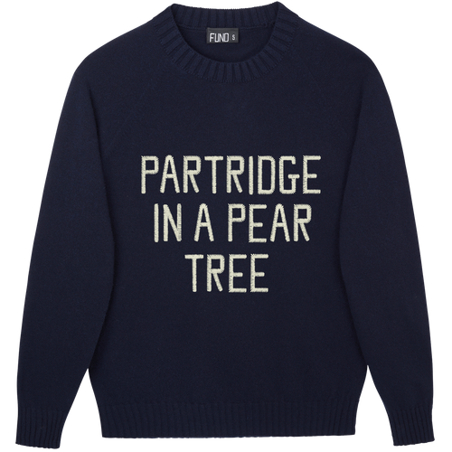 Made-in-England "A Partridge in a pear tree" Embroidered Christmas Jumper in Navy