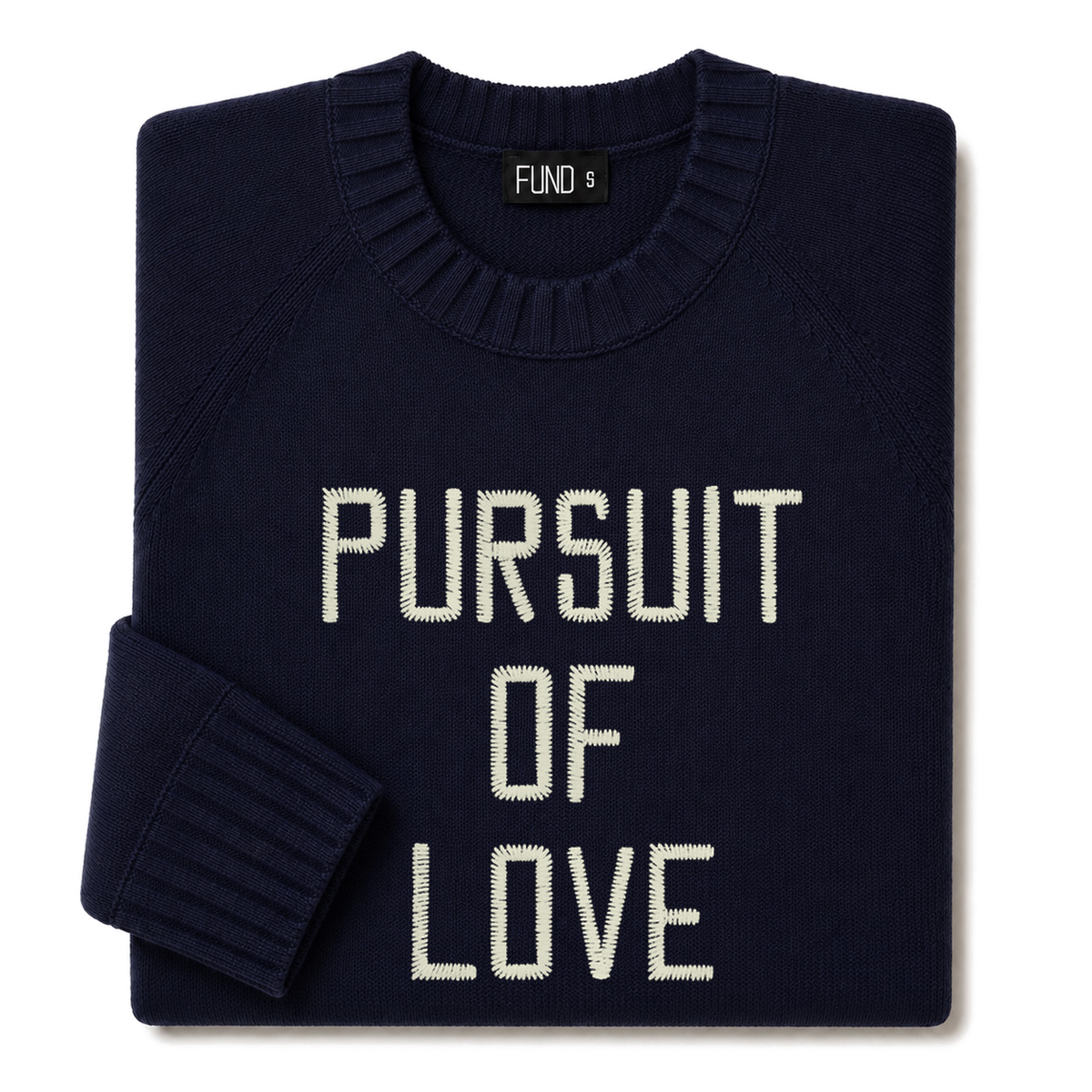 Made-in-England "Pursuit of Love" Embroidered Jumper in Navy, folded