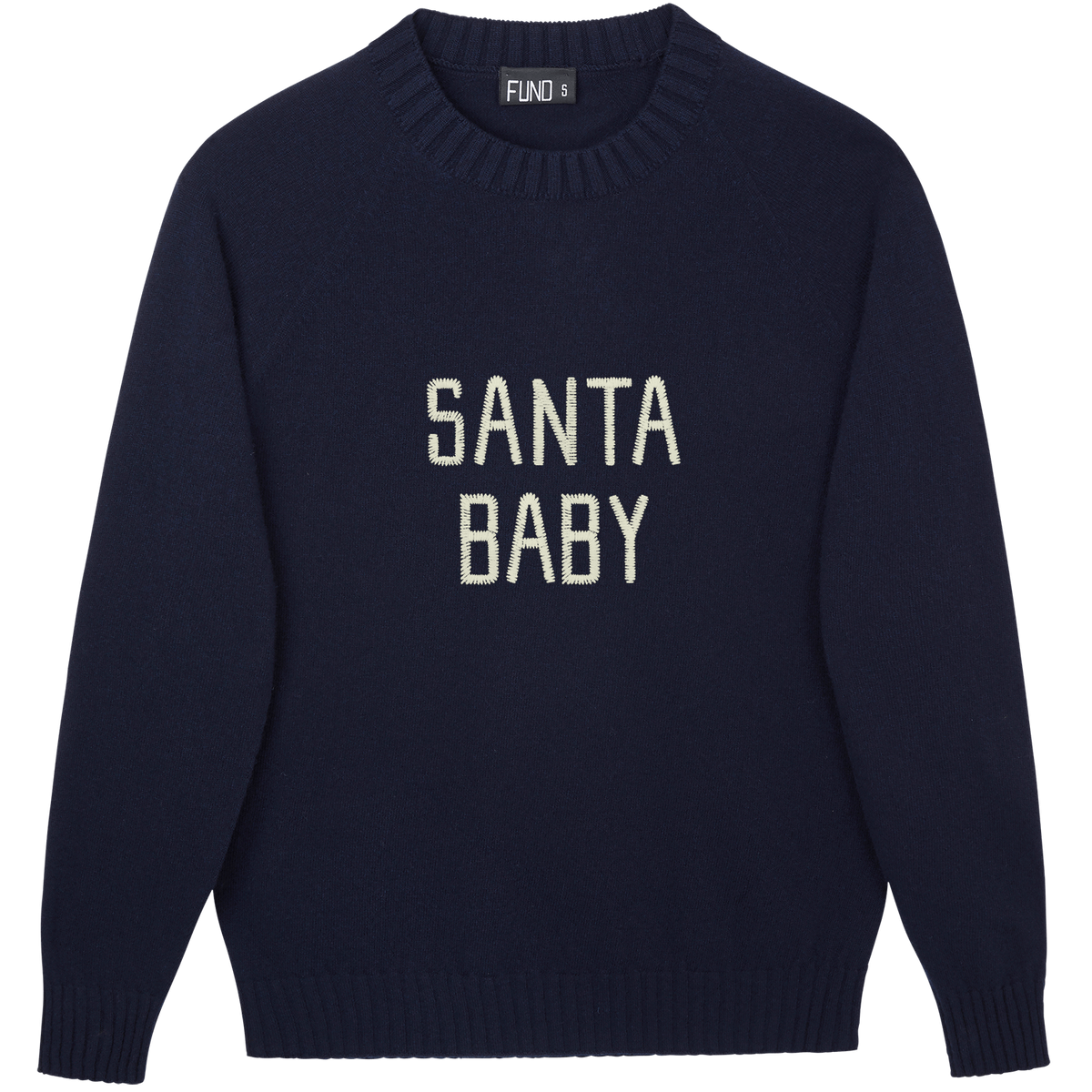 Made-in-England "Santa Baby" Embroidered Christmas Jumper in Navy