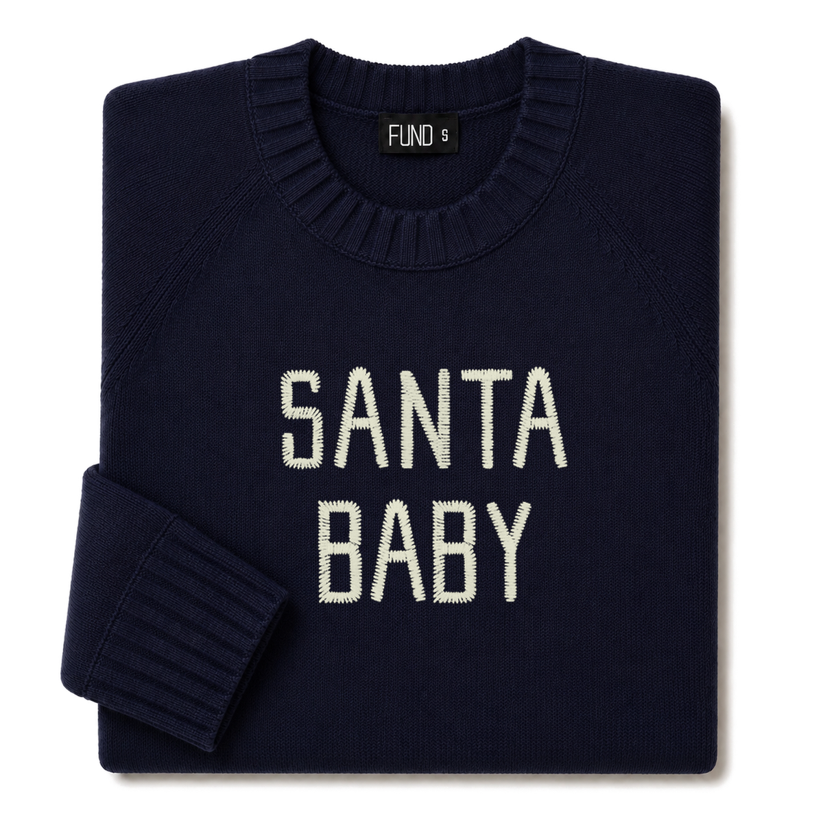 Made-in-England "Santa Baby" Embroidered Christmas Jumper in Navy, folded