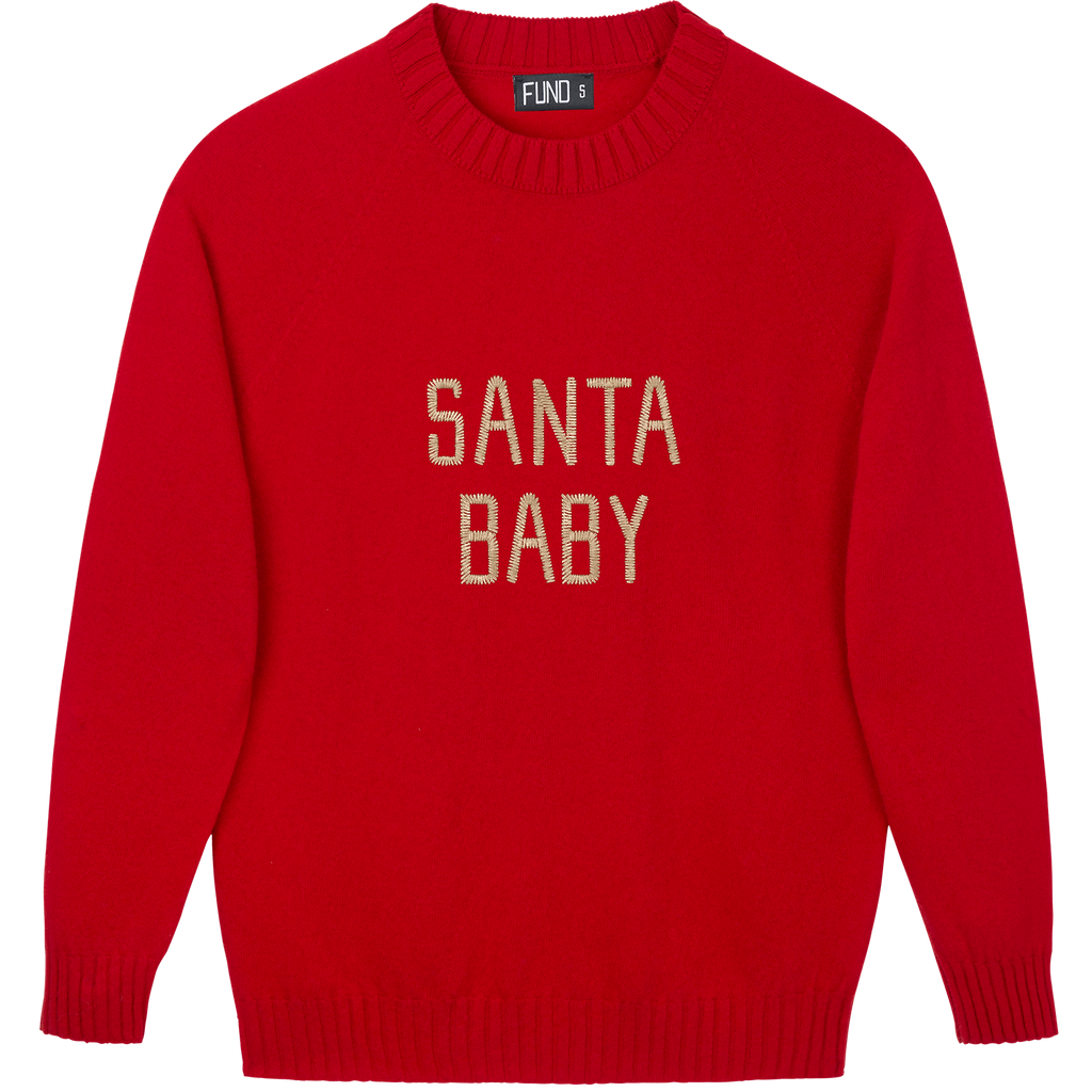 Made-in-England "Santa Baby" Embroidered Jumper Red/Gold Archive Edit in Red