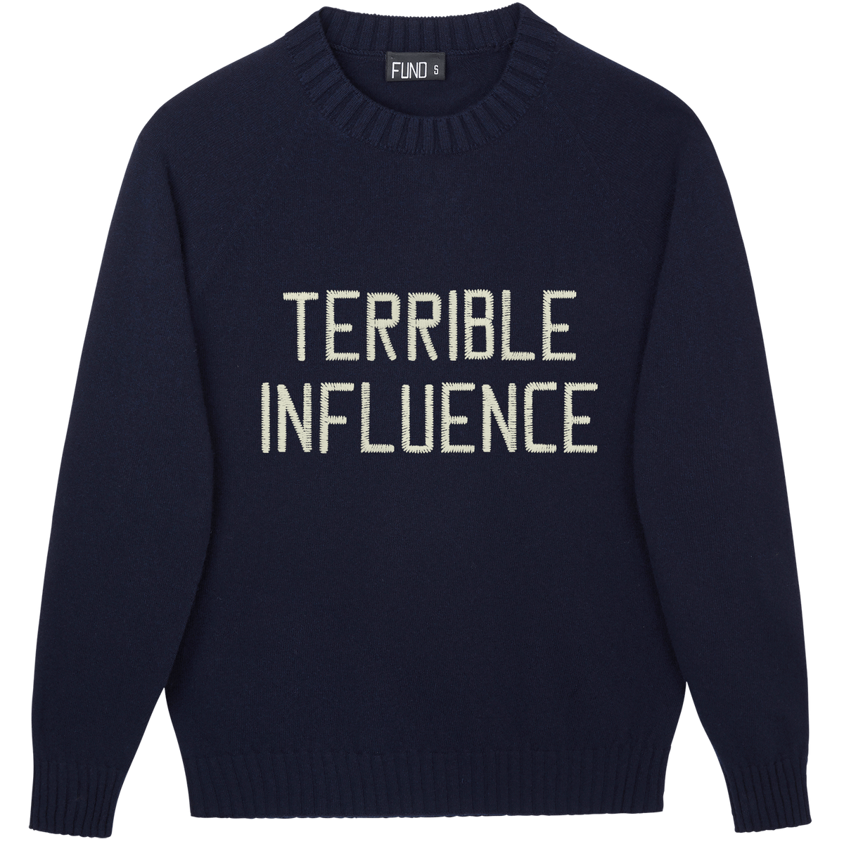 Made-in-England "Terrible Influence" Embroidered Jumper in Navy