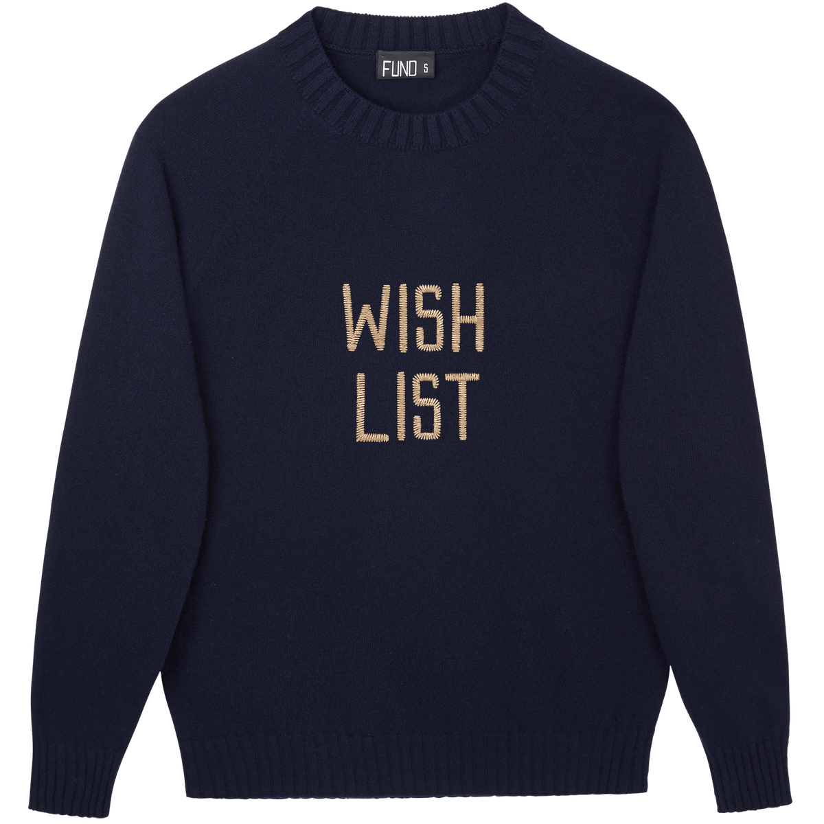 Made-in-England "Wish List" Embroidered Christmas Jumper in Navy