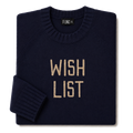 Made-in-England "Wish List" Embroidered Christmas Jumper in Navy, folded