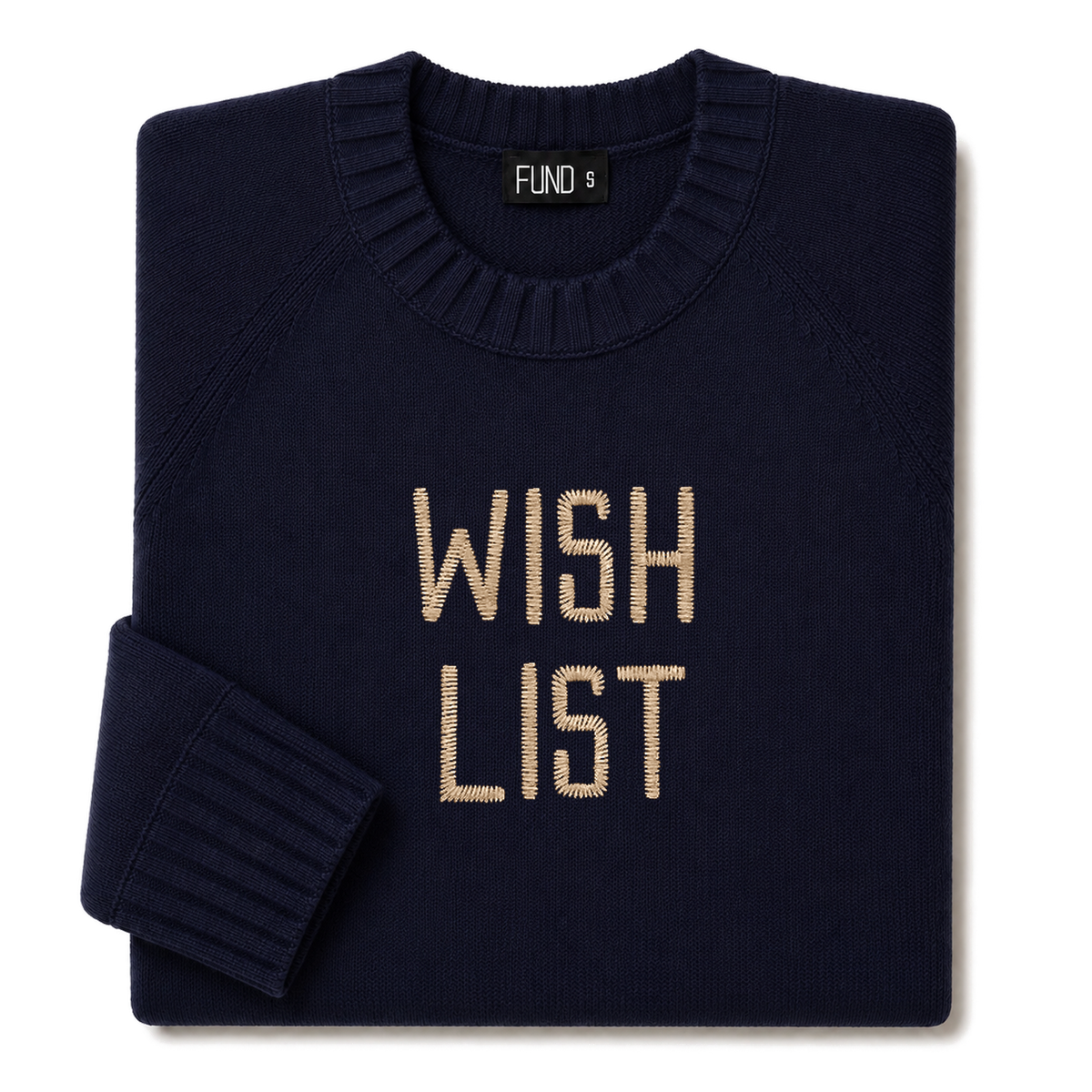 Made-in-England "Wish List" Embroidered Christmas Jumper in Navy, folded