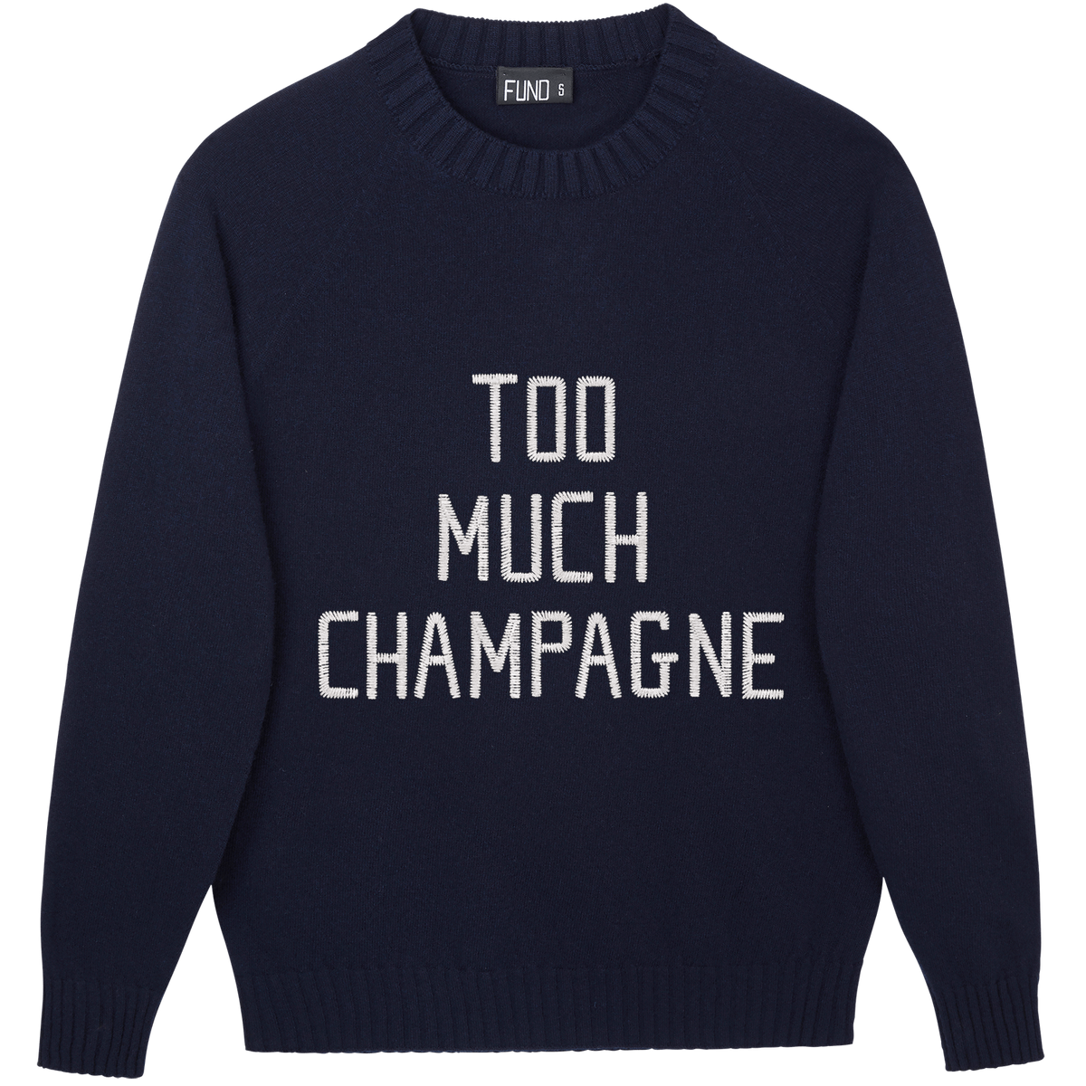 Made-in-England "Too Much Champagne" Embroidered Christmas Jumper in Navy