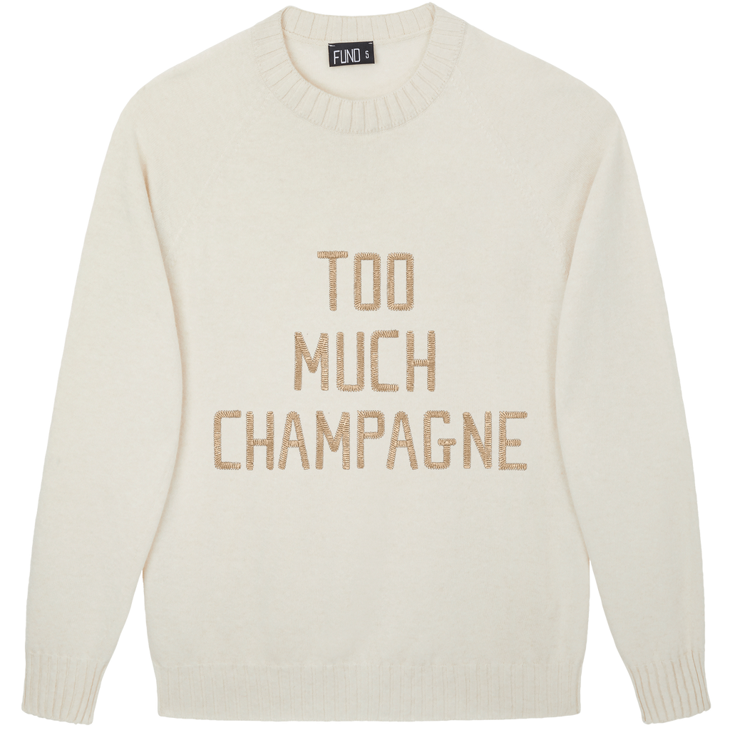 Made-in-England "Too Much Champagne" Embroidered Jumper Ivory/Gold Archive Edit in Ivory