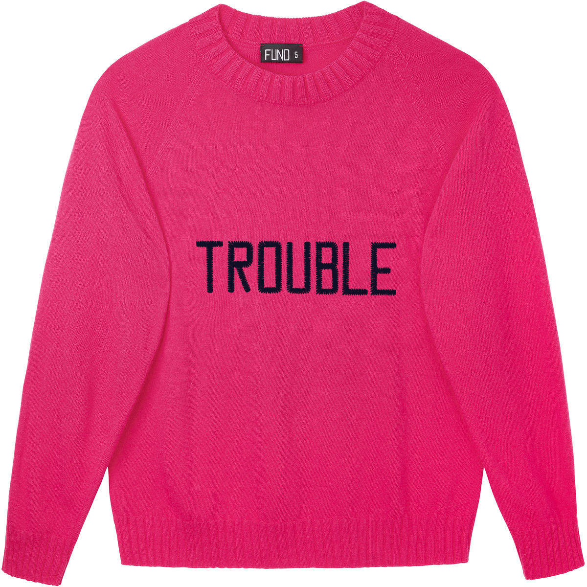 Made-in-England "Trouble" Embroidered Jumper in Bright Pink