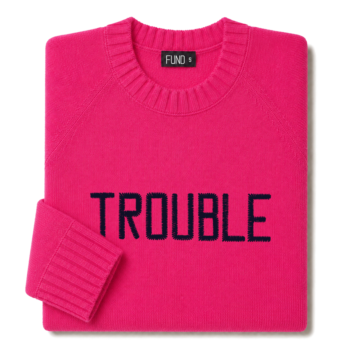 Made-in-England "Trouble" Embroidered Jumper in Bright Pink, folded