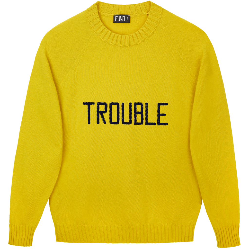 Made-in-England "Trouble" Embroidered Jumper Yellow/Navy Archive Edit in Yellow