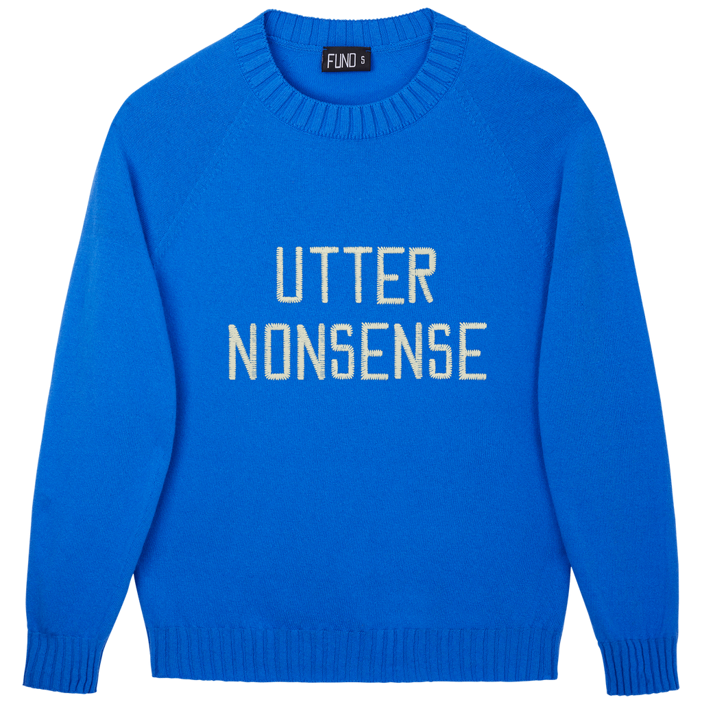 Made-in-England "Utter Nonsense" Embroidered Jumper Bright Blue/Ivory Archive Edit in Bright Blue