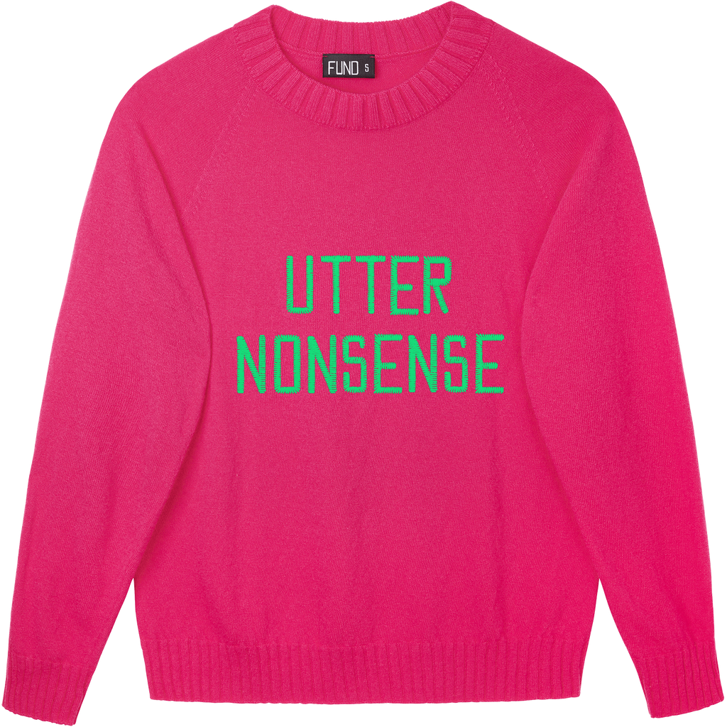 Made-in-England "Utter Nonsense" Embroidered Jumper Bright Pink/Green Archive Edit in Bright Pink