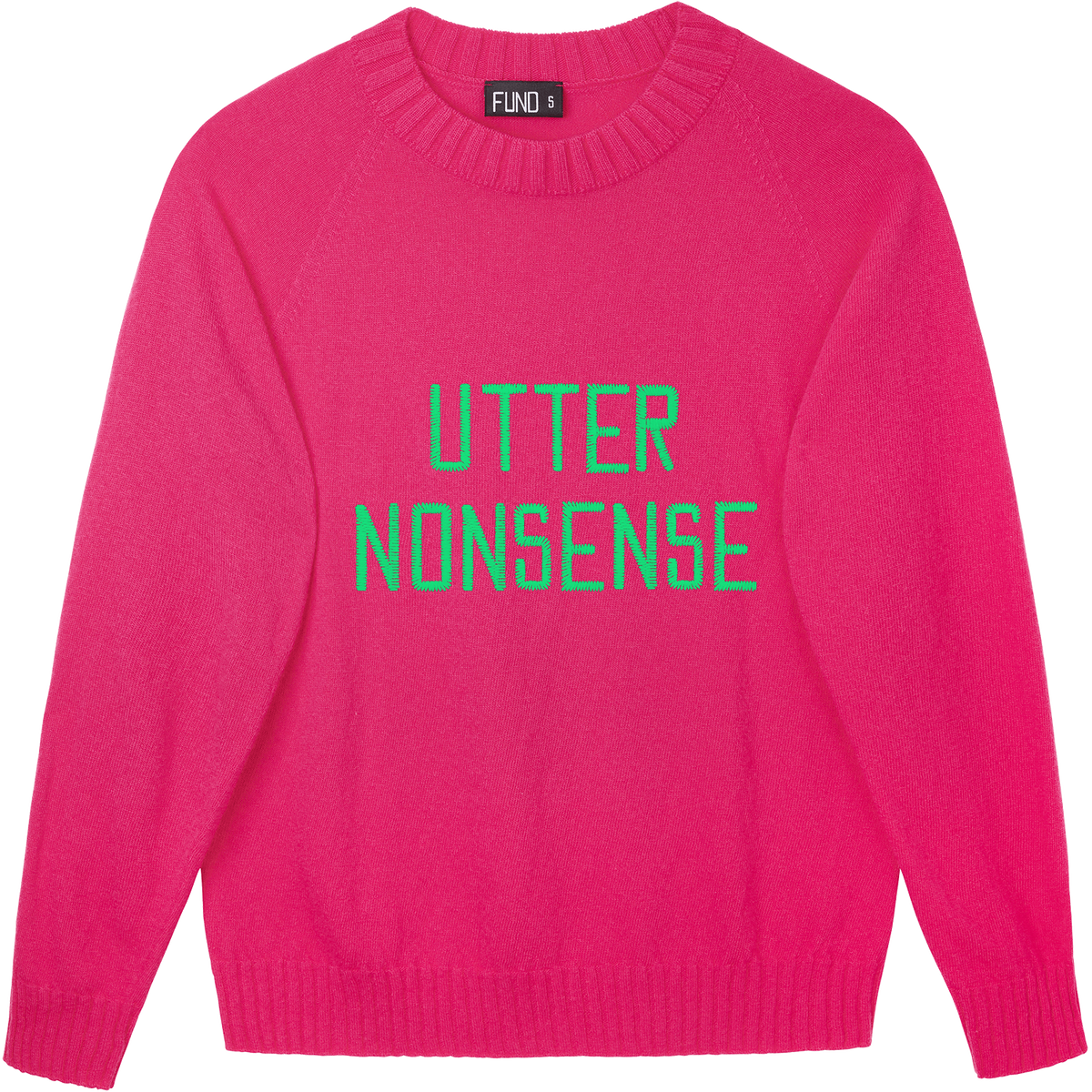 Made-in-England "Utter Nonsense" Embroidered Jumper Bright Pink/Green Archive Edit in Bright Pink