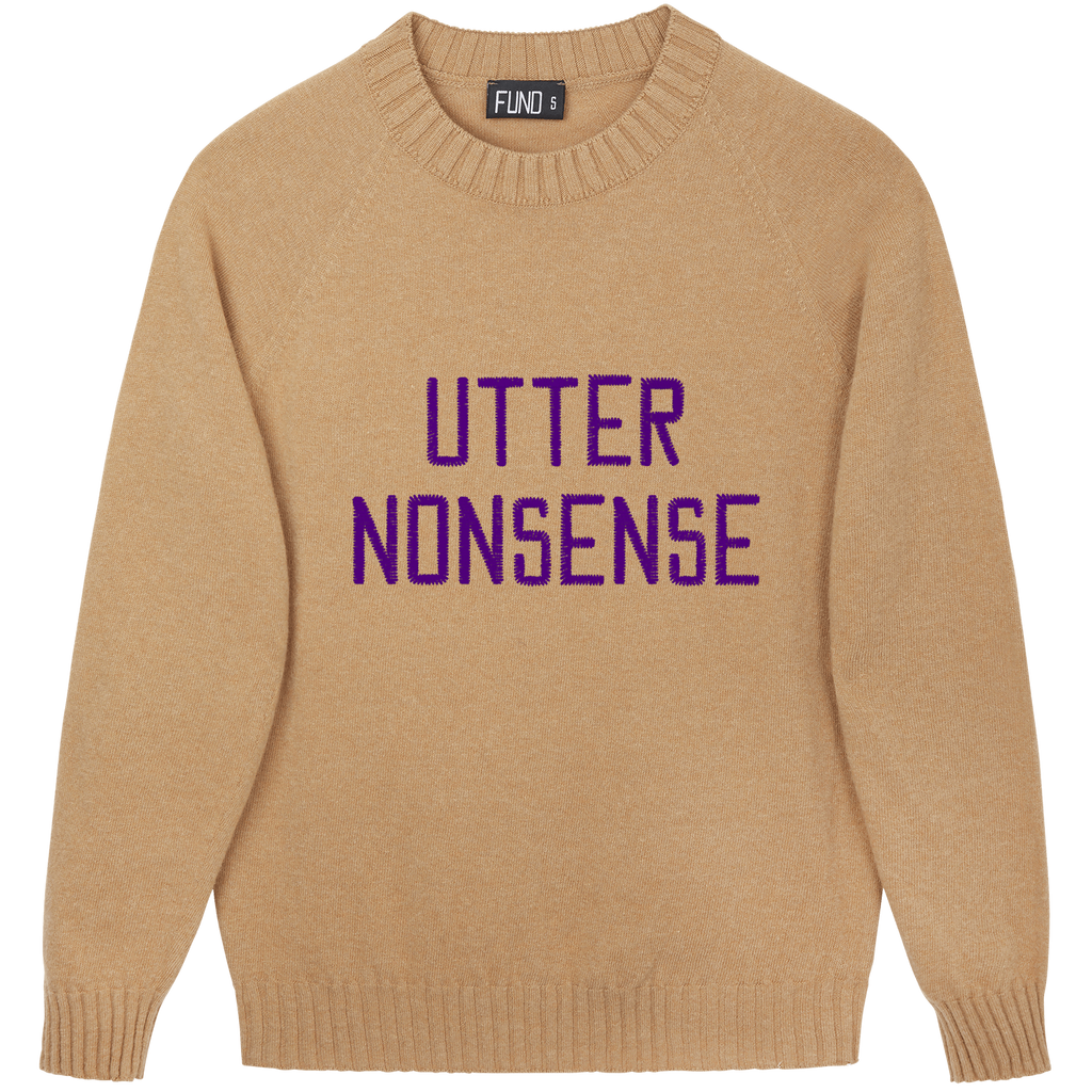 Made-in-England "Utter Nonsense" Embroidered Jumper Camel/Purple Archive Edit in Camel