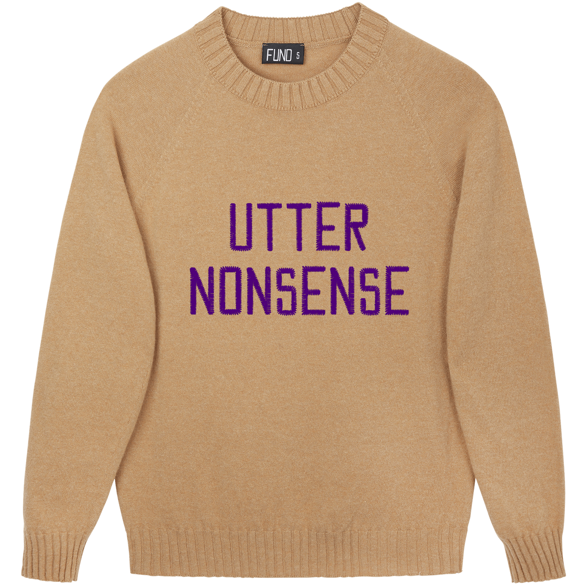 Made-in-England "Utter Nonsense" Embroidered Jumper Camel/Purple Archive Edit in Camel