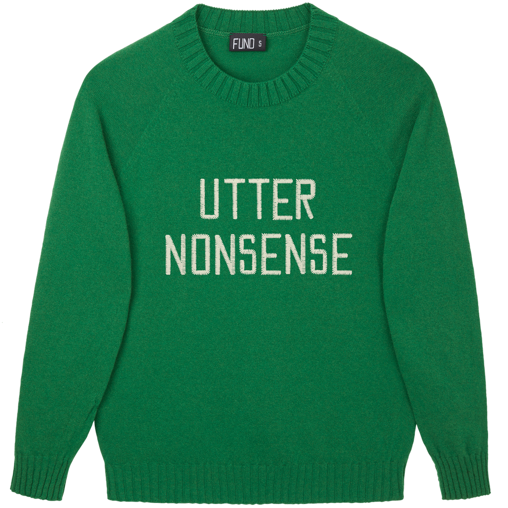 Made-in-England "Utter Nonsense" Embroidered Jumper Green/Ivory Archive Edit in Green