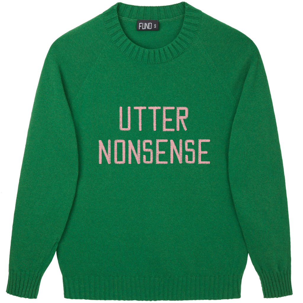 Made-in-England "Utter Nonsense" Embroidered Jumper Green/Pale Pink Archive Edit in Green