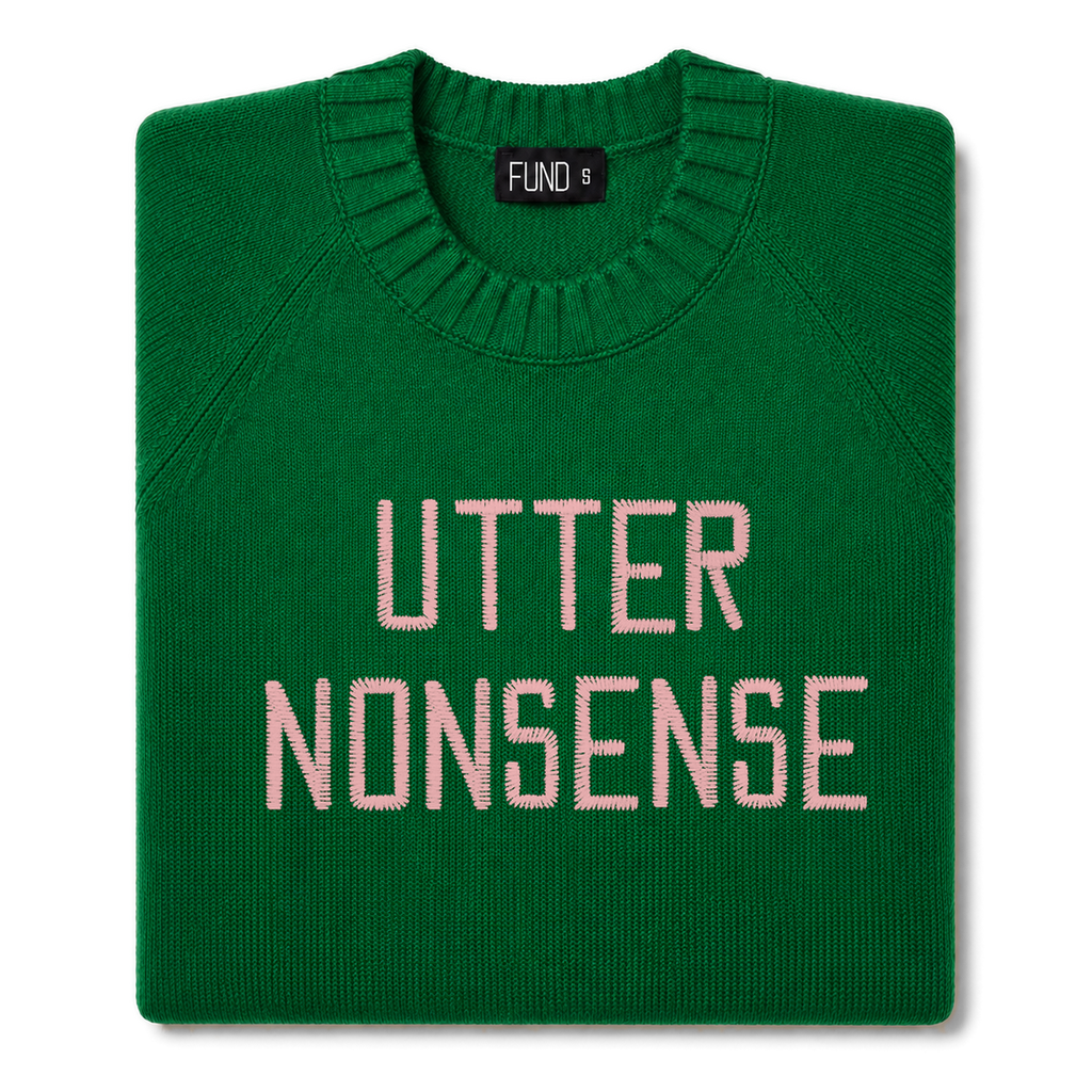 Made-in-England "Utter Nonsense" Embroidered Jumper Green/Pale Pink Archive Edit