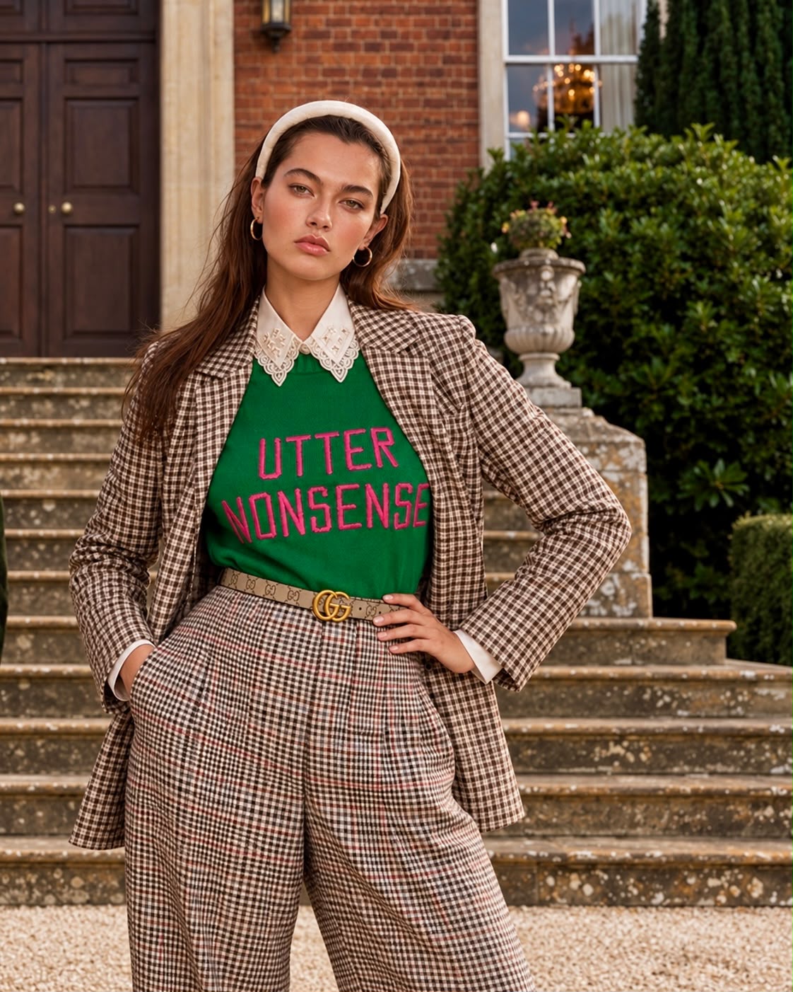 Model wearing the green Utter Nonsense embroidered lambswool jumper with bright pink lettering, styled with a check blazer – House of FUND, made in England