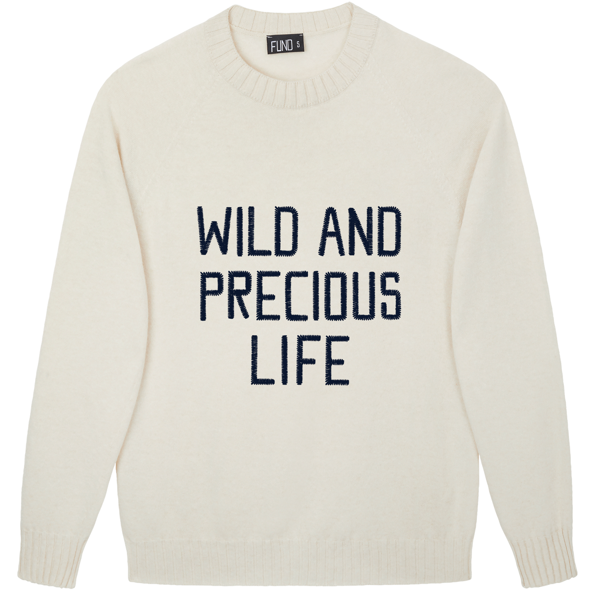 Made-in-England "Wild and Precious Life" Embroidered Jumper Ivory/Navy Archive Edit in Ivory