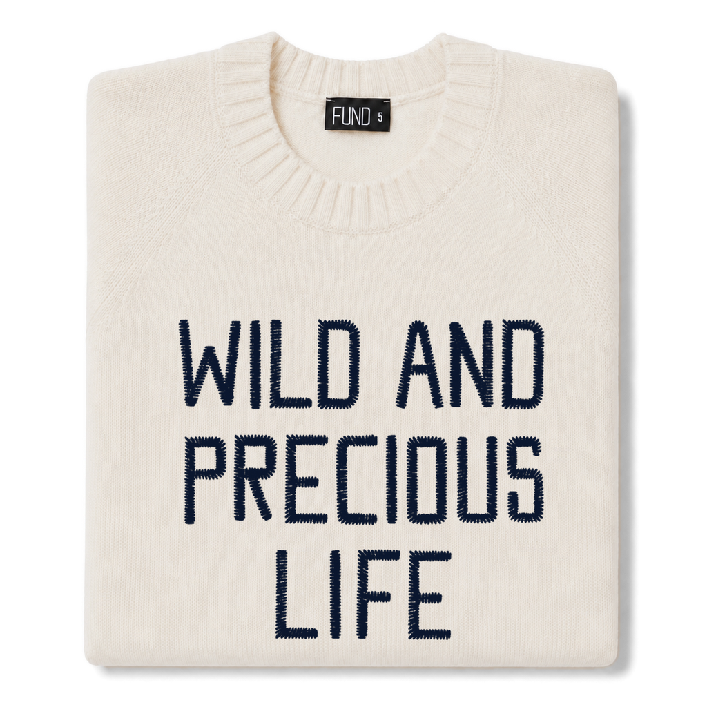 Made-in-England "Wild and Precious Life" Embroidered Jumper Ivory/Navy Archive Edit