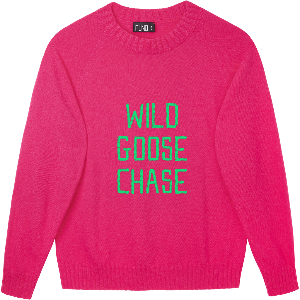 Made-in-England "Wild Goose Chase" Embroidered Jumper Bright Pink/Green Archive Edit in Bright Pink