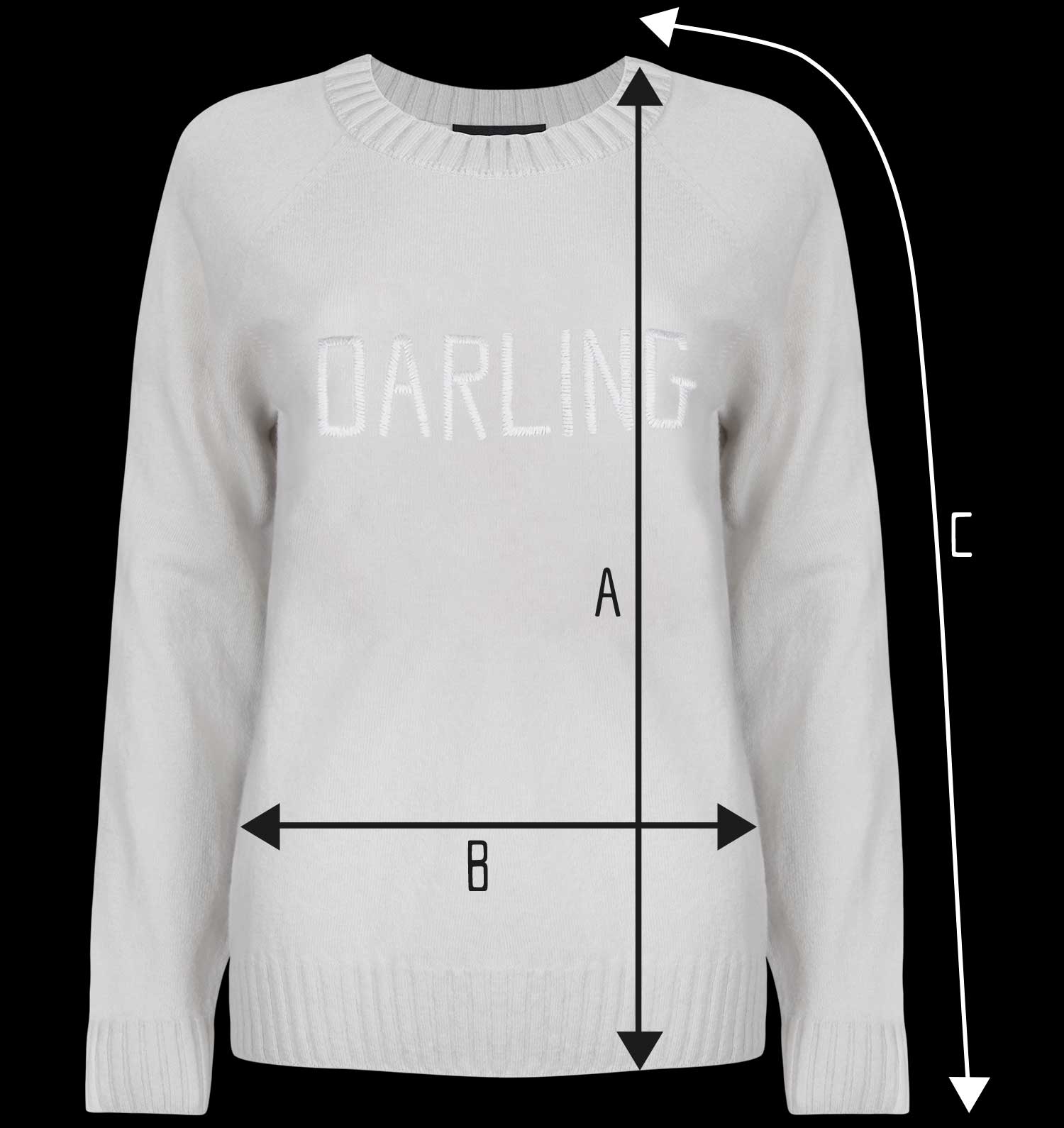 Jumper measurement diagram: A is body length, B is chest measured flat, C is sleeve length.